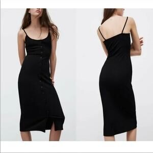 ZARA Ribbed Bodycon Midi Dress Strappy Stretch Slim Round Neck M Black #3472